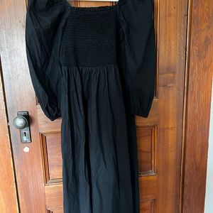 J Crew Black Puff Sleeve Smocked Midi Dress